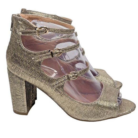 Report Shoes - Report Deschutes Heeled Sandals Women 7W Gold Metallic Triple Strap Block Heel